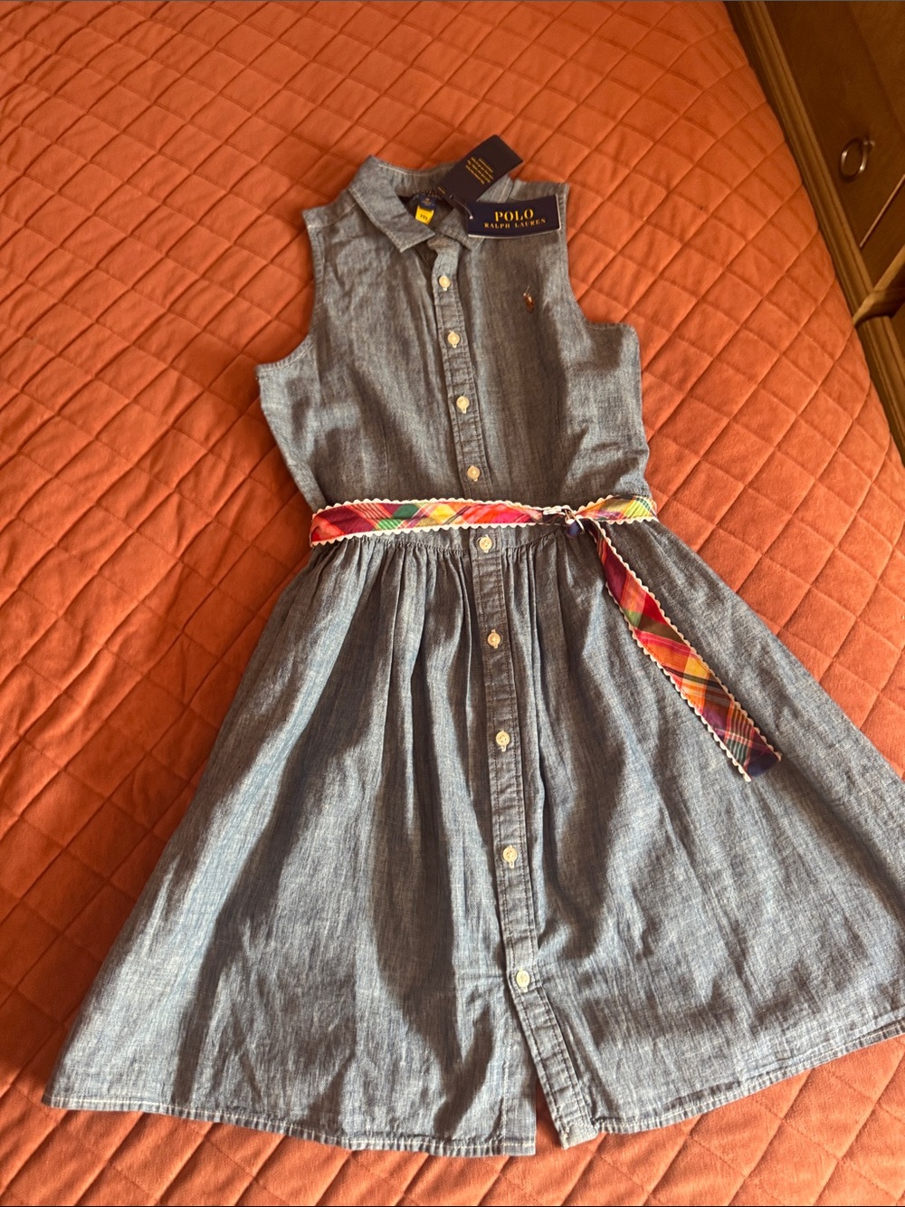 Polo by Ralph Lauren Girls' Sleeveless Chambray Dress with Multicolor Plaid Belt